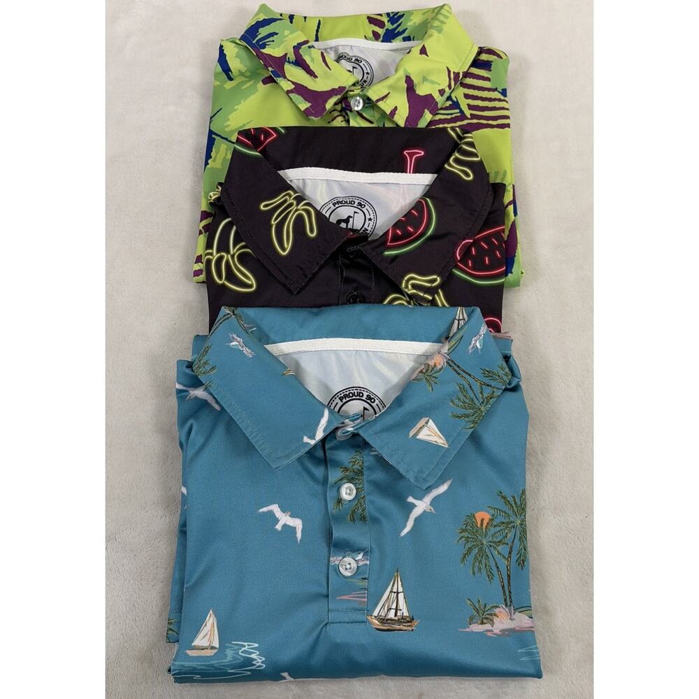3) Proud 90 Golf Polos Mens Medium Print Shirt Stretch Performance Short Sleeve